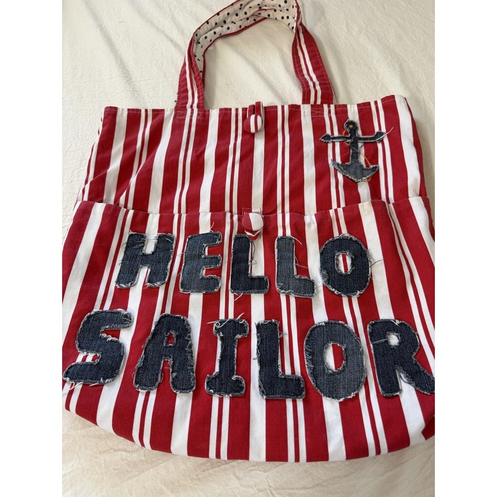 Womens Large Red Stripe Nautical Hello Sailor Reversible Denim Tote